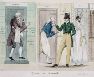 Zondagse lunch (kruidenier, koffiehuis, apotheker) - gravure