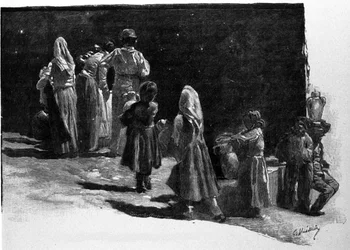 Bijgeloof: de contemplatie van sterren door de inwoners van de dorpen van Sicilië. Gravure uit de 19e eeuw