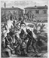 DE AANVAL OP DE FAR WEST TREIN - de Pacific Railway - trein aangevallen door gemaskerde bandieten - gravure van 1887