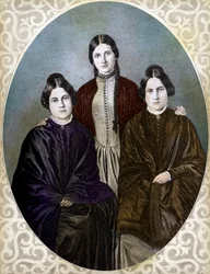 DE FOX ZUSTERS Margaretta, Kate en Leah pioniers van het spiritualisme (Fox Sisters: van links naar rechts: Margaret of Maggie (1837-1893), Kate (1828-1892) en Leah (1814-1880), pioniers van het spiritualisme en spiritualisme)