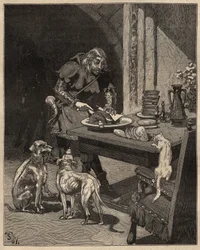 Tafelkunst: snijdt voedsel voordat de vork arriveert. Een man houdt het vlees vast met een vel papier in de ene hand en gebruikt zijn mes in de andere. Gravure uit 1885 in “Les arts et métiers illustrés” door Adolphe BITARD