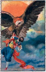 Vertrek door een adelaar. De wonderlijke avonturen van Sinbad de zeeman. Populair verhaal van 1001 nachten. Chromolithografie van het einde van de 19e eeuw.