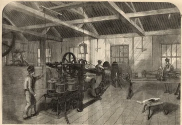 Telegrafie: fabricage van trans-Atlantische kabel in de fabriek van Glass, Elliot and Company in East Greenwich (Engeland). Gravure in 