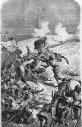 De 75-jarige veteraan John Talot leidde een expeditie van 3000 man, die op 17 oktober 1452 in Guyenne landde. Gravure die Talbots dood in de strijd voorstelt