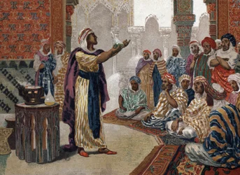 De Arabische alchemist Geber (Jâbir ibn Hayyan) (ca. 721-ca. 815), etsende chemie. Barcelona 1881