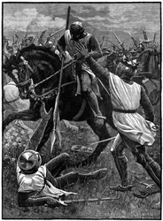 De Slag bij Evesham, 4 augustus 1265. (c1800). Evesham markeerde het einde van de Tweede Baronnenoorlog. Royalistische troepen onder leiding van Prins Edward (Edward I) versloegen Simon de Montfort (c1208-1265) die in de slag werd gedood. Hier Henry III (1