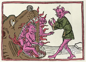 De Belial Proces: De Belial Demon Keert Terug naar de Ingang van de Onderwereld. Gravure uit De Belial Proces door Jacobus de Teramo, Ausburg