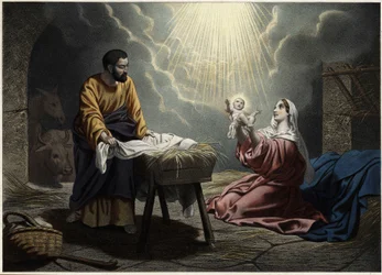 De geboorte van Christus. Anonieme gravure uit het midden van de 19e eeuw.