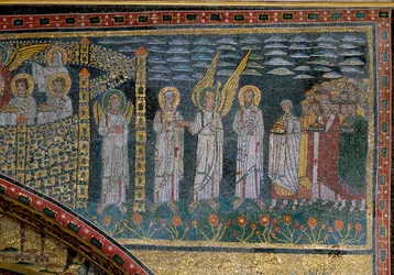 De gezegenden geleid door een engel (detail)