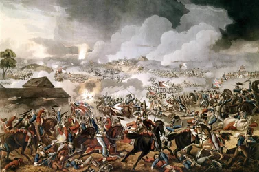 Het Britse leger onder bevel van de hertog van Wellington (1769 - 1852) won de Slag bij Waterloo tegen de Franse troepen van Napoleon I op 18/06/1815. Gravure uit de periode