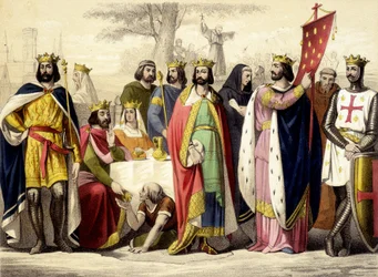 De Capetingers van 987 tot 1137. Hugues Capet, Robert 1er Constance, Philippe 1er, Louis VI en Louis VII. Gravure van de 19e eeuw.