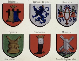 De wapenschilden van Gent (Specimen van wapenschilden uit de middeleeuwen): Friebriers, Cusserands, Merciers, Kruidenier, Schoenmakers, Meuniers