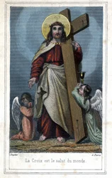 Het kruis is de redding van de wereld. Populaire afbeelding van Christus die het kruis draagt. Twee engelen staan aan zijn zijde