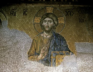 De Deesis. Detail van Christus, midden 12e eeuw (mozaïek)