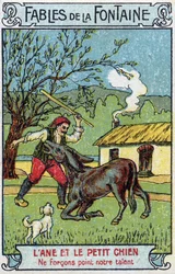 De Ezel en de Kleine Hond - Fabels van Jean de La Fontaine (1621-95) Chromolithografie van het einde van de 19e eeuw Privécollectie