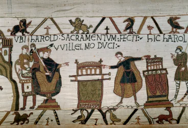 De hertog van Normandië Willem de Veroveraar (1027-1087) maakt ridder Harold die een eed van trouw aflegt op twee relikwieën (detail)