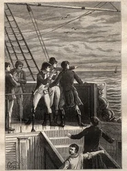 De Expeditie naar de Zuidelijke Landen (1800-1803) door Nicolas Baudin (1754-1803): zeelieden bij Nieuw-Holland (Australië) melden een sluier aan de horizon - illustratie uit 