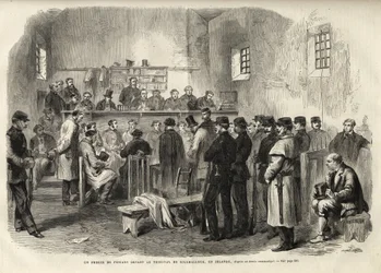 De Fenische Opstand, Onderzoek naar Mr. Cleary in het Gerechtsgebouw van Kilmallock - 1867 - gravure uit 
