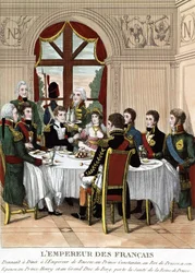 De Franse Keizer Napoleon I in Tilssit ontvangt de Keizer van Rusland, Prins Constantijn, de Koning van Pruisen, zijn vrouw, Prins Hendrik en de Groothertog van Bert, brengt een toost uit op de gezondheid van de Koningin van Pruisen. Gravure uit het begin 