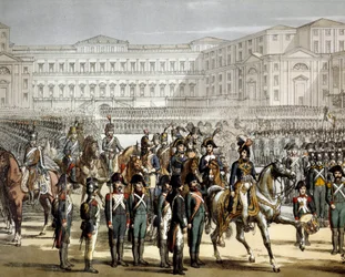 De Franse generaal en koning van Napels Gioacchino (Joachim) Murat (1767-1815) inspecteert de Cisalpijnse militie voor de Villa Reale de Monza op 07/08/1801