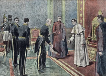 De Franse ambassadeur Jonnart overhandigt zijn geloofsbrieven aan paus Benedictus XV (1914-1922) Illustratie uit "Le pelerin" juni 1921