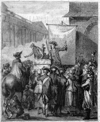 De Franse kwakzalver in de 18e eeuw. Gravure in Le XVIIIème siècle: mores, usages et costumes door Paul Lacroix