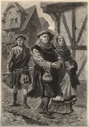 De handschoenmaker begeleidt zijn dochter naar de kerk - 19e eeuw illustratie voor de historische roman 