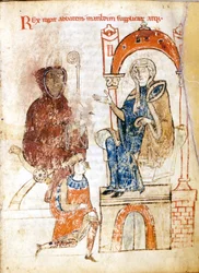 De Duitse keizer Hendrik IV (1050 - 1106) in boetekleed smeekt om vergeving van paus Gregorius VII (Hildebrand: 1015/20 - 1085) die zijn toevlucht had gezocht in het kasteel van gravin Mathilda van Toscane (1046 - 1115) in Canossa. 25 - 28 januari