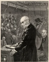 Het Lagerhuis, 13 februari 1893: toespraak van William Ewart Gladstone (gravure)