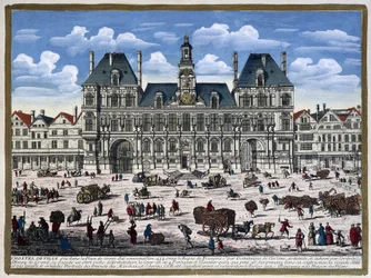 Het Hôtel de Ville de Paris en zijn plein in de 16e eeuw - gravure