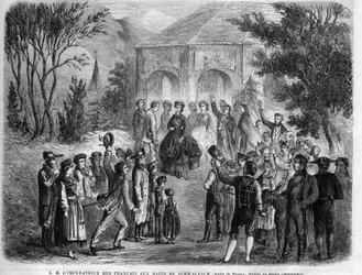 De Keizerin van Frankrijk Eugenie de Montijo (1826-1920) bij de baden van Schwalbach (Hertogdom Nassau, tegenwoordig in Duitsland). Gravure in 