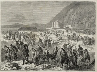 De opstand in Dalmatië (de Bocche di Cattaro) - opstand tegen de dienstplicht opgelegd door de Oostenrijkse regering - DALMATIË GEBEURTENISSEN. OPSTANDIGEN AANVALLEN HET STAATSTRINITA FORT, NABIJ CATARO (Bouches van Kotor) - Baai van Kotor - 1869.
