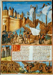 De Franse koning Lodewijk IX (Sint-Lodewijk) (1214-1270) vertrekt voor de zevende kruistocht. Miniatuur uit “Les passages faits Outremer par les Français contre les Turks et autres Sarrazins et Moures Outremarine” van Sebastien Mamerot