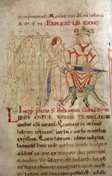 De gerechtigheid van de koning Tussen 1098 en 1109 Een koning met een kroon zittend op een troon en een zwaard vasthoudend, naast een ophangscène. Pagina uit een manuscript 