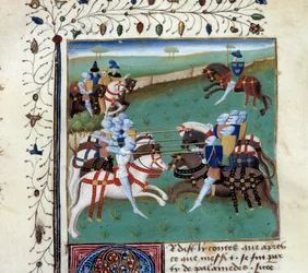 De Ridders van de Ronde Tafel nemen deel aan een ridderlijk toernooi. Miniatuur uit het manuscript 