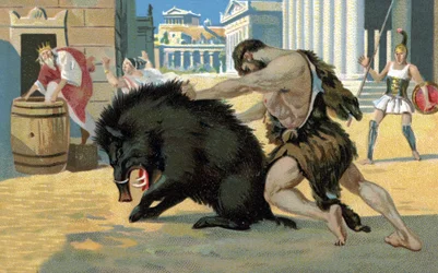 De werken van Hercules: Hercules en het zwijn, begin 20e eeuw (chromo)
