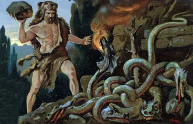 De werken van Hercules: Hercules doodt de Hydra van Lerne, begin 20e eeuw (chromo)