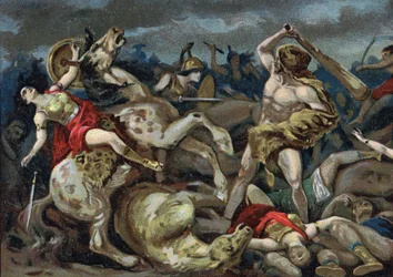 De werken van Hercules: Hercules pakt de riem bij Hippolyte, begin 20e eeuw (chromo)