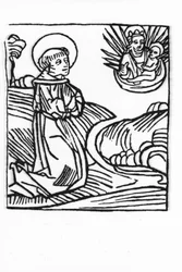 Het leven van Sint Bernard de Menthon (923 - 1008). Gravure uit “Leben der Heiligen - sommerteil” (Het boek van de heilige) door Jacobus (James) van Voragine (1228-1298). Lübeck 1488