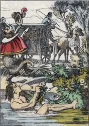 De Markies van Carabas doet alsof hij verdrinkt terwijl de laars kat om hulp roept (illustratie van het sprookje 