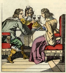 De Markies van Carabas nodigt de prinses en de koning uit om te eten in het kasteel. Illustratie van het sprookje 