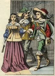 De Markies van Carabas, de prinses en de koning in het kasteel. Illustratie van het sprookje 