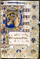 De Geboorte van Christus, afgebeeld in een 14e-eeuws koorboek. Milaan, Biblioteca Nazionale Braidense.