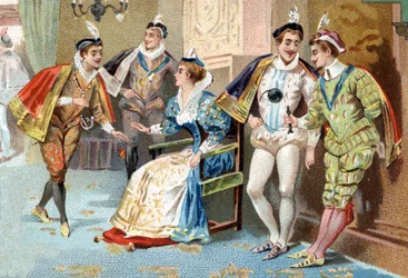 Het Palais du Louvre onder het bewind van Hendrik III (16e eeuw): jonge mannen van het hof van de koning. Chromolithografie uit het einde van de 19e eeuw.