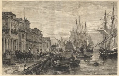De kade van Boa Vista, in San Pedro de Rio Grande do Sul, een zeehaven van Brazilië - Le quai de Belle-Vue, in San Pedro de Rio Grande (Brazilië) - Kapiteinschap van Sao Pedro do Rio Grande do Sul - Gravure uit 