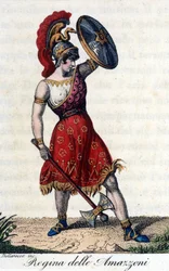 De koningin van de Amazones. Illustratie van een operaboekje. 19e eeuw.