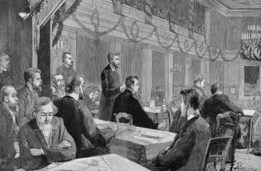 Het Socialistisch Congres van Halle (Saksen) in 1890 in aanwezigheid van August Bebel, Gravure van 1890