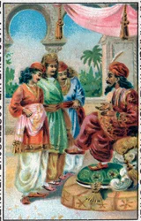 De sultan en zijn zonen. Geschiedenis van Prins Ahmed en de fee Paris-Banou. Verhaal van 1001 nachten. Chromolithografie van het einde van de 19e eeuw.
