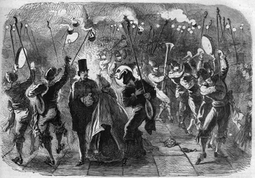 Het Venetiaanse Carnaval: Maskerade op het San Marcoplein (Piazza San Marco). Gravure in 