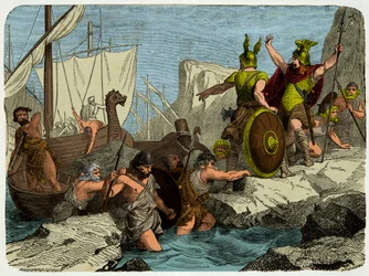 De Vikingen landen aan de Franse kust in 911, Gravure 19e eeuw